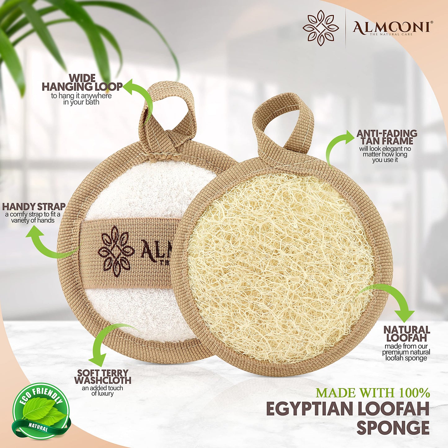 Almooni Natural Loofah Exfoliating Facial Scrubber, Made with Natural Egyptian Shower Loofah Sponge, Bath Shower Loofah Sponge for Women and Men, Beauty & Personal Care ALMOONI