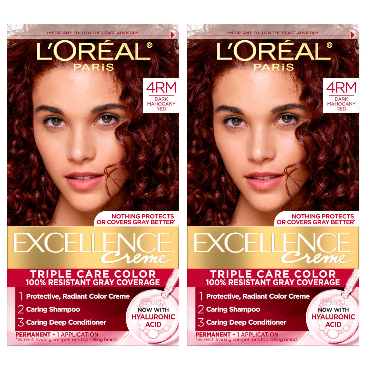 L'Oreal Paris Excellence Crème Permanent Hair Dye, Triple Care Hair Color with Hyaluronic Acid for 100% Gray Coverage, 4RM Dark Mahogany Red, 1 Kit
