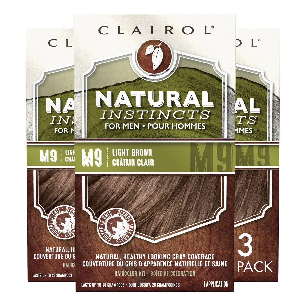 Clairol Natural Instincts Semi-Permanent Hair Dye for Men, M9 Light Brown Hair Color, Pack of 3 Beauty & Personal Care Clairol
