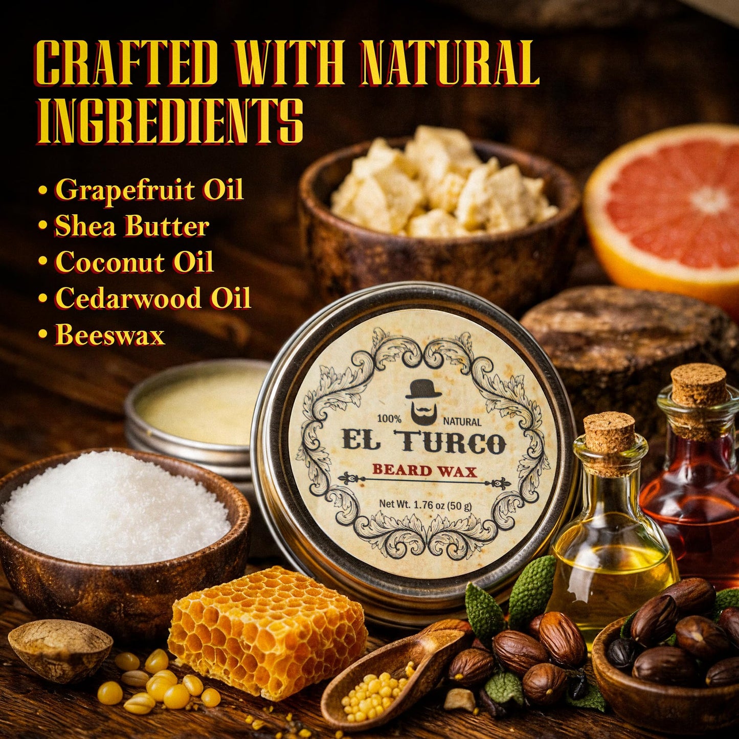 EL TURCO Beard Wax, Strong Hold Natural Styling Wax with Shea Butter & Beeswax, Softens and Defines Unruly Beards, Cedarwood & Grapefruit Oils, Beard Beauty and Personal Care EL TURCO