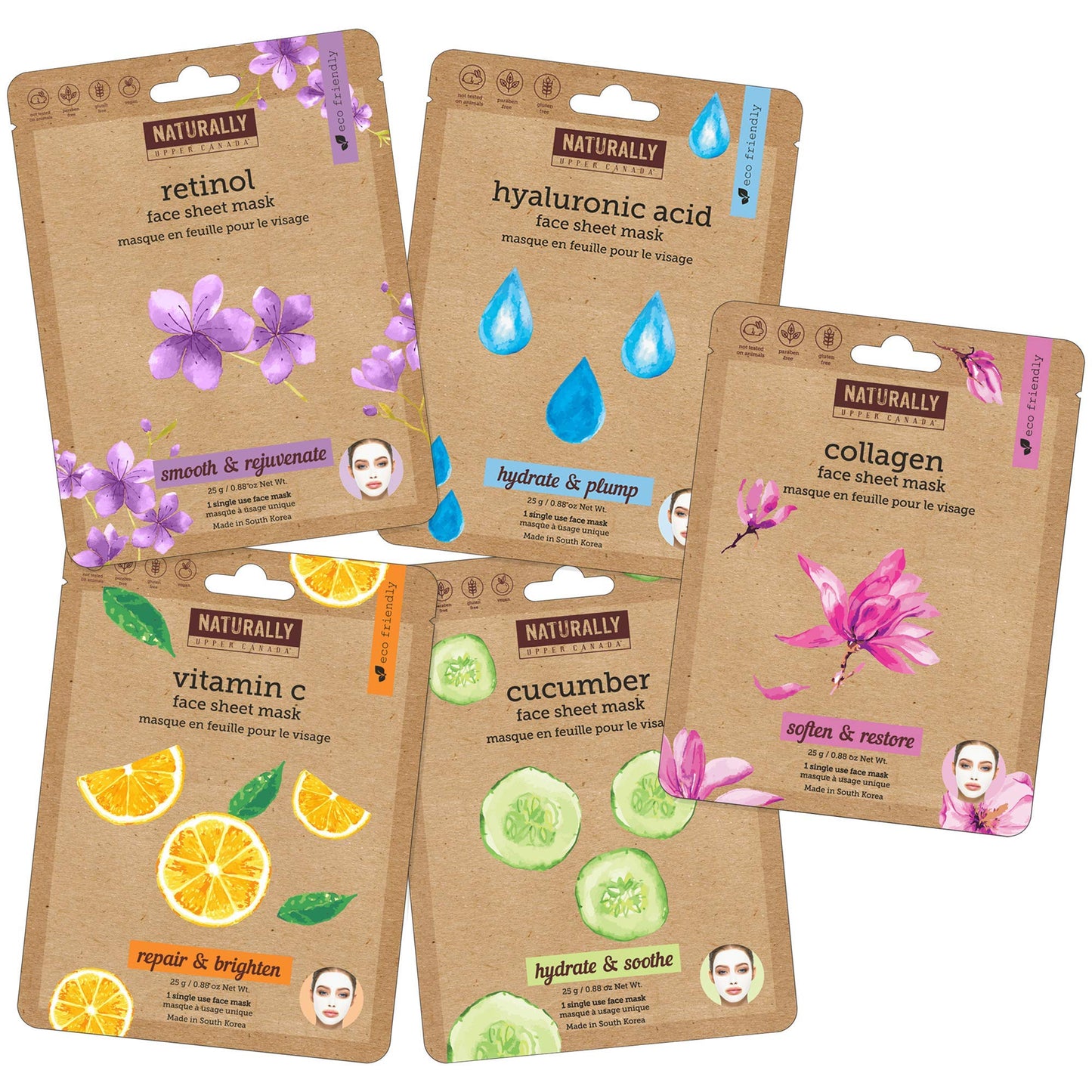Naturally - Variety pack (Vitamin C, Hyaluronic Acid, Retinol, Cucumber, Collagen) - Perfect for at Home Spa Days, K-beauty inspired, Ingredients led Beauty & Personal Care NATURALLY
