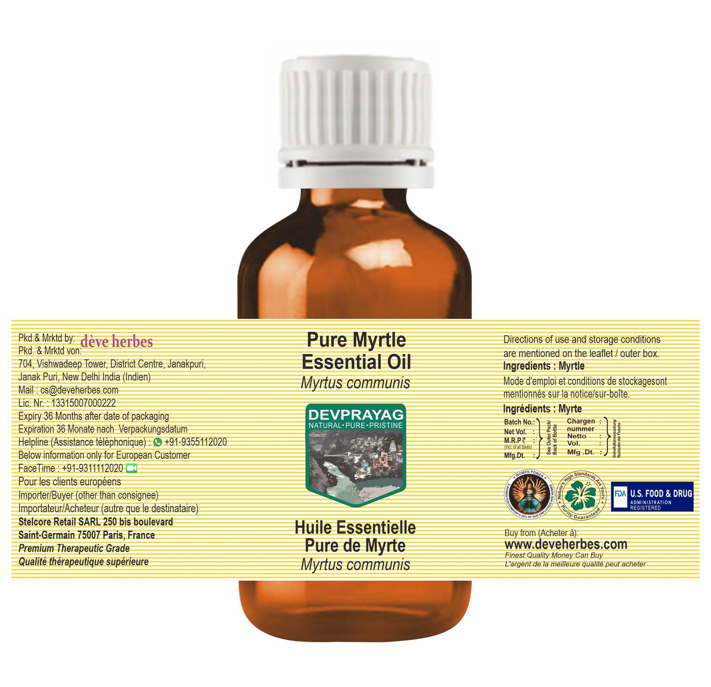 Devprayag Myrtle Essential Oil (Myrtus communis) Pure - Non-Sticky - Non-Greasy - Lightweight - Men & Women - All Skin Types - Steam Distilled 100ml Beauty and Personal Care DEVPRAYAG