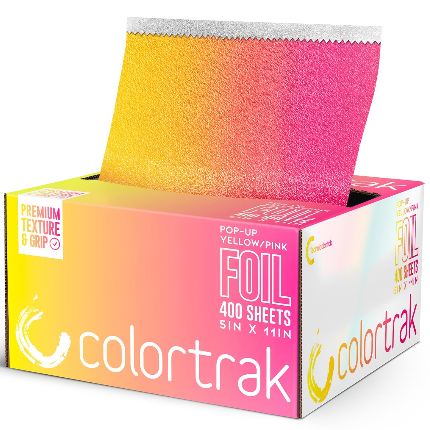 Colortrak Yellow/Pink Gradient Pop-up Foil w/Dispenser (400 Count), Pre-cut Sheets, Non-Slip Embossed Texture, 5" x 10.75" Sheets for Hair Foil Beauty & Personal Care Colortrak