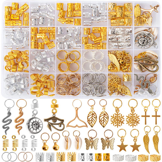 Vaikby 201PCS Hair Jewelry Beads for Braids, Gold and Silver Hair Dreadlock Accessories, Metal Hair Rings, Hair Charms Pendants, Braid Cuffs Clips Beauty & Personal Care Vaikby