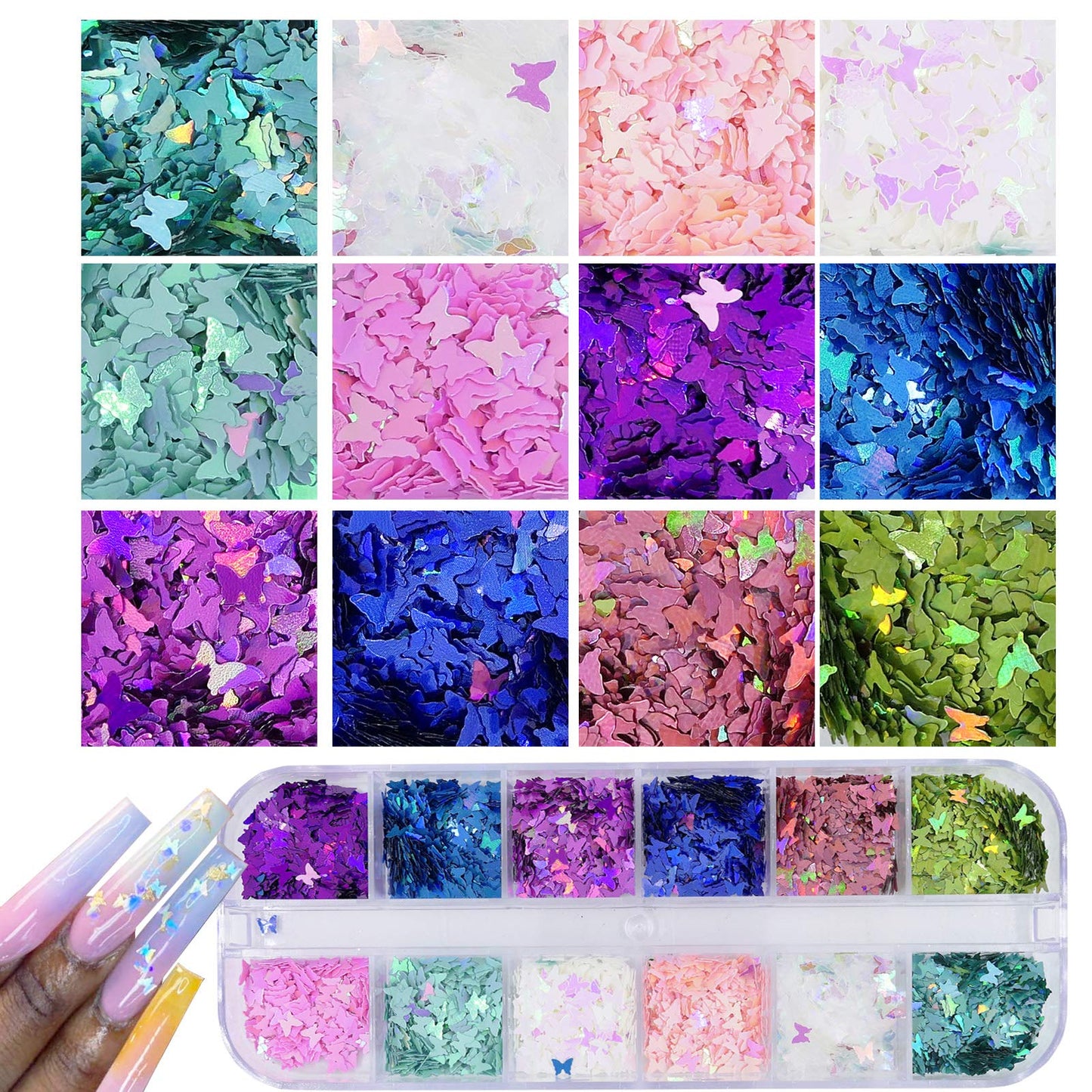 AddFavor 4 Boxes Holographic Nail Sequins Shapes Mixed Iridescent Nail Glitter Flakes Butterfly Hearts Star DIY Design Manicure Decorations Sets Beauty & Personal Care AddFavor