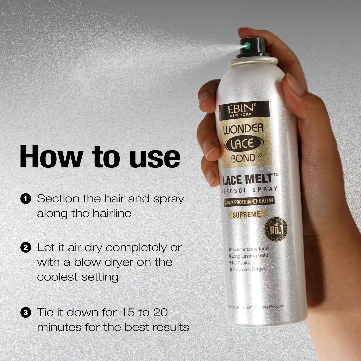 Wonder Lace Melt Aerosol Spray - Silk Protein Biotin Infused 6.08 fl.oz./180ml Preserves Edges & Undetectable Lace Long lasting hold No Residue Beauty & Personal Care WONDER LACE BOND