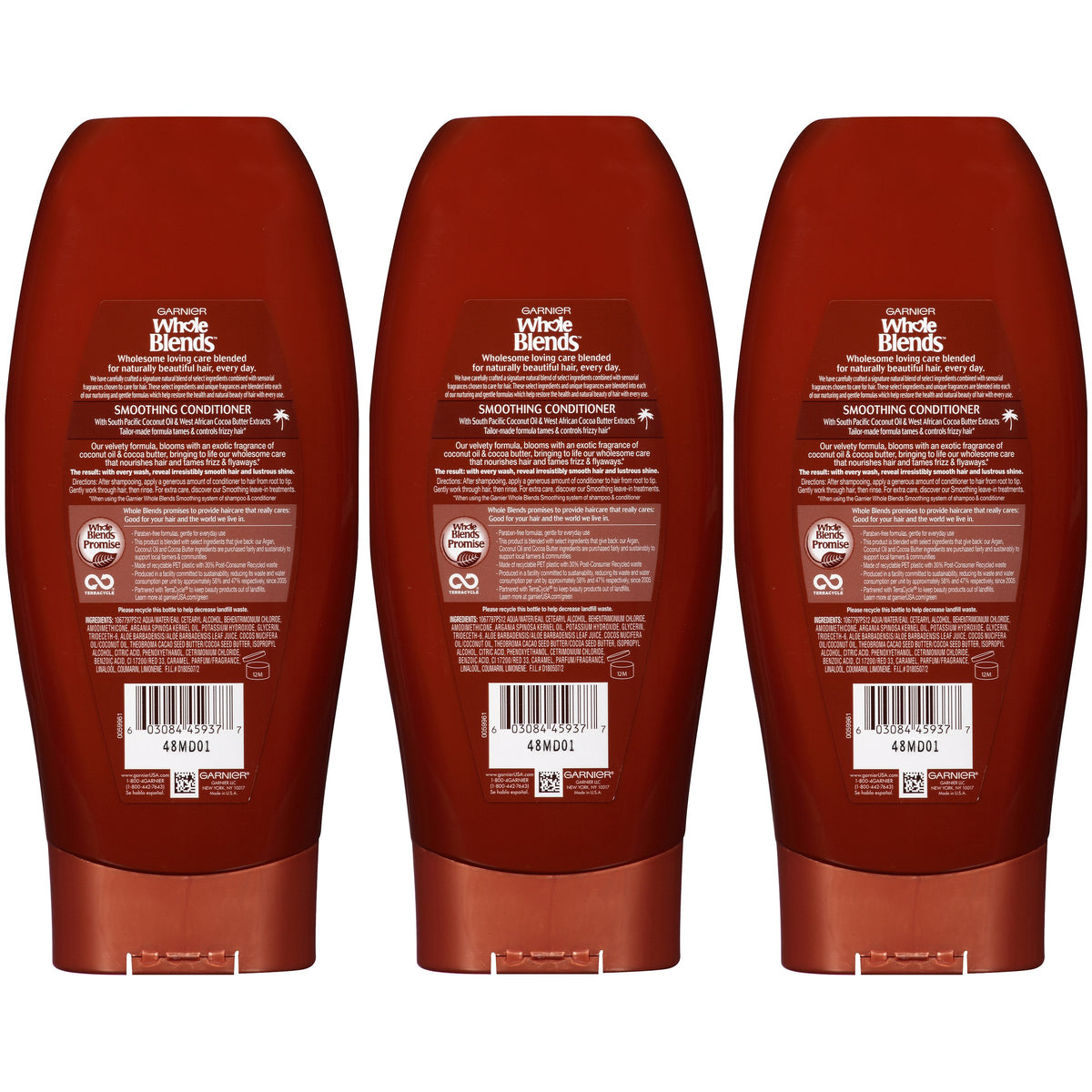 Garnier Hair Care Whole Blends Smoothing Conditioner with Coconut Oil & Cocoa Butter Extracts for Frizz, 3 Count