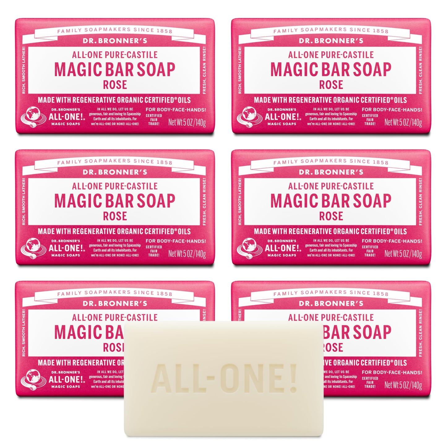 Dr. Bronner's Pure-Castile Magic Soap Bars (Rose, 5 oz, 6-Pack)- Made with Regenerative Organic Certified Oils- For Face, Body & Hair - Gentle, Vegan Beauty & Personal Care Dr. Bronner's