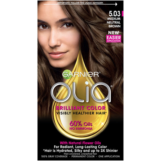 Garnier Olia Ammonia-Free Brilliant Color Oil-Rich Permanent Hair Color, 5.03 Medium Neutral Brown (Pack of 1) Brown Hair Dye Beauty & Personal Care Garnier