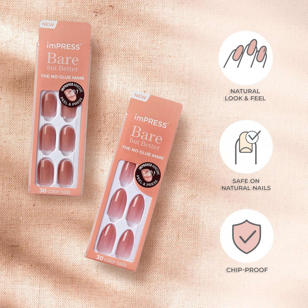 KISS imPRESS No Glue Mani Press On Nails, , 'Effortless Finish', Nude, Short Size, Squoval Shape, Includes 30 Nails, Prep Pad, Instructions Sheet, 1