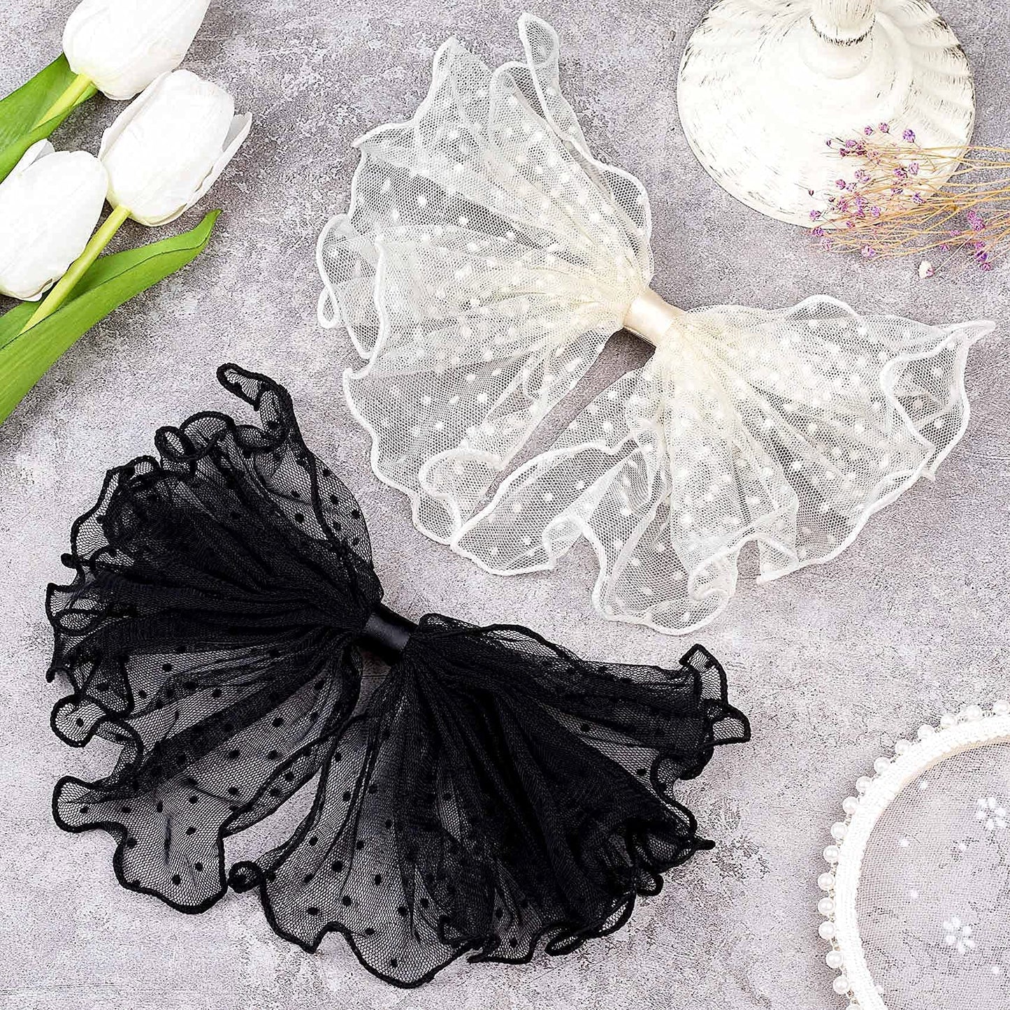 OIIKI 2 Pack Korean-Style Lace Mesh Barrette Hair Clips, Breathable Flower Dot Clips for Wedding, Party, Valentine's Day (Black, White) Beauty & Personal Care OIIKI