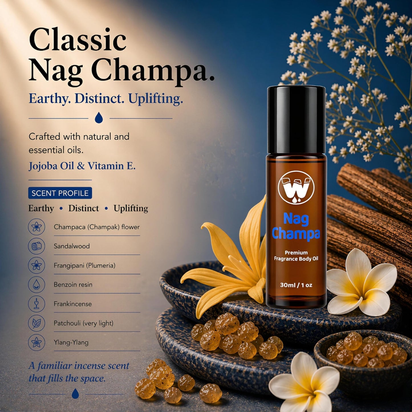 WagsMarket - Nag Champa Perfume Oil, from 0.33oz Roll On to 4oz Glass Bottle (1oz Roll-On) Beauty & Personal Care WagsMarket