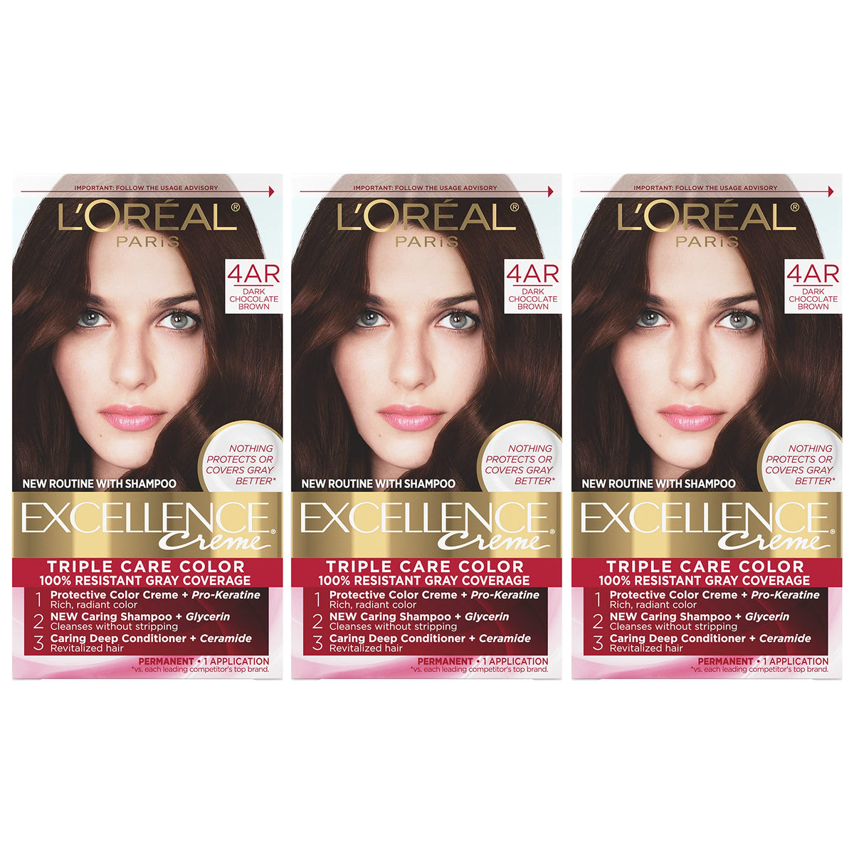 L'Oreal Paris Excellence Creme Permanent Hair Color, 4AR Dark Chocolate Brown, 100 percent Gray Coverage Hair Dye, Pack of 3