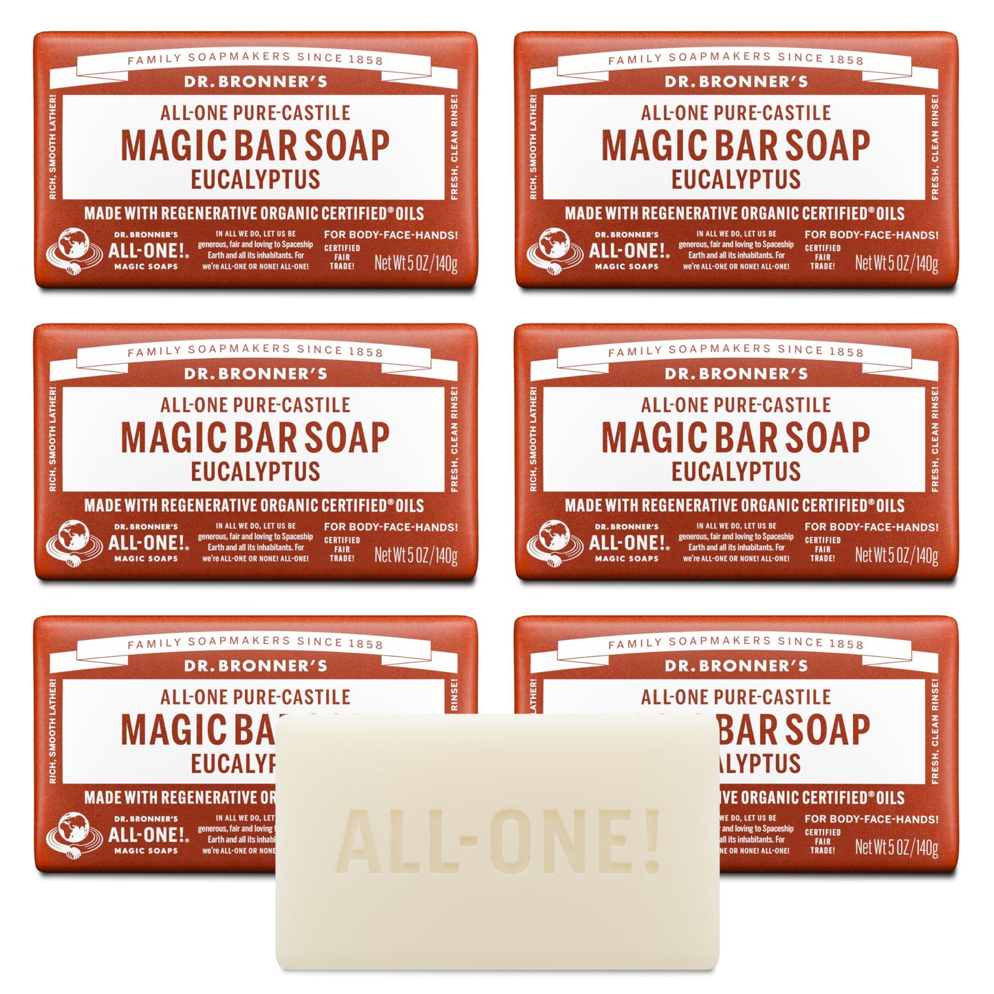 Dr. Bronner's Pure-Castile Magic Soap Bars (Eucalyptus, 5 oz, 6-Pack)- Made with Regenerative Organic Certified Oils for Face, Body & Hair - Gentle Beauty & Personal Care Dr. Bronner's