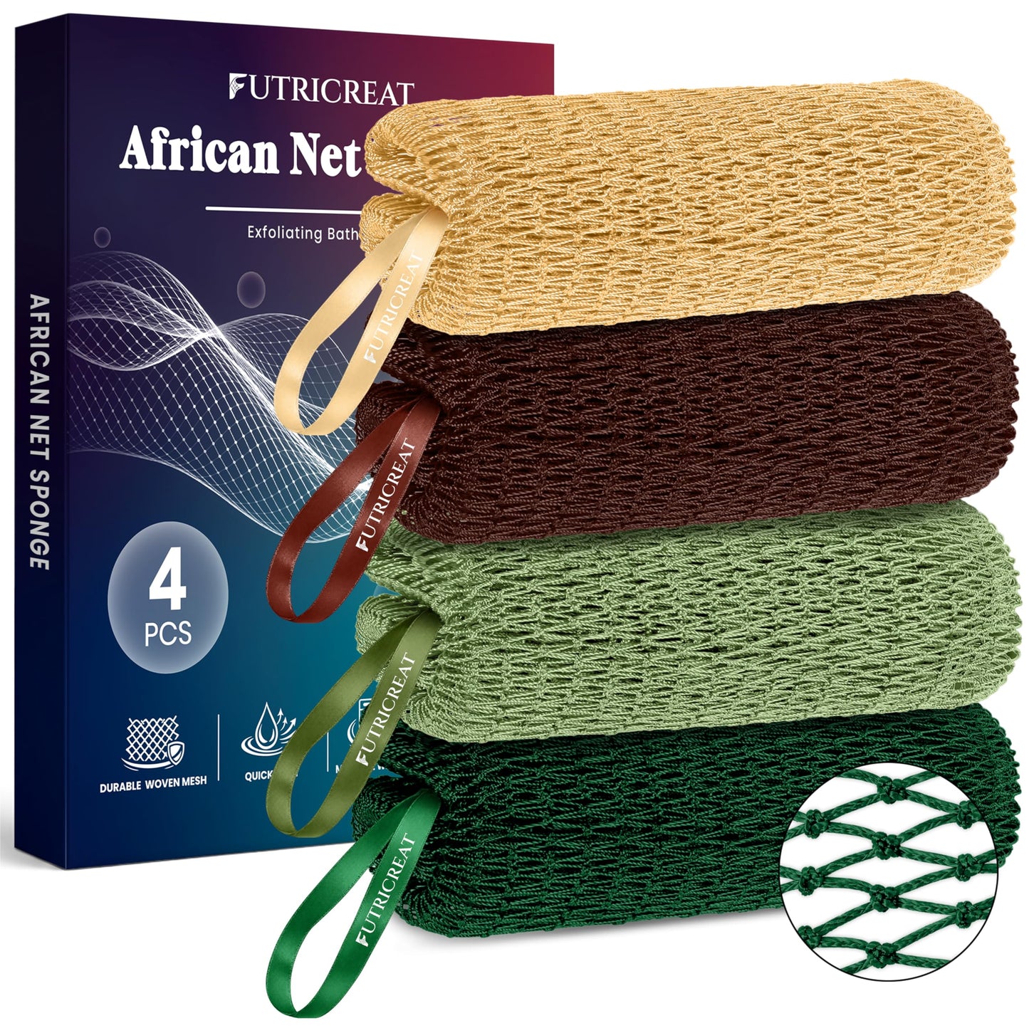 4 Pack African Net Sponge Authentic, Exfoliating Washcloth, Body & Back Scrubber, Better Alternative to Traditional Loofahs, Perfect for Daily Shower Beauty and Personal Care FUTRICREAT Default Title