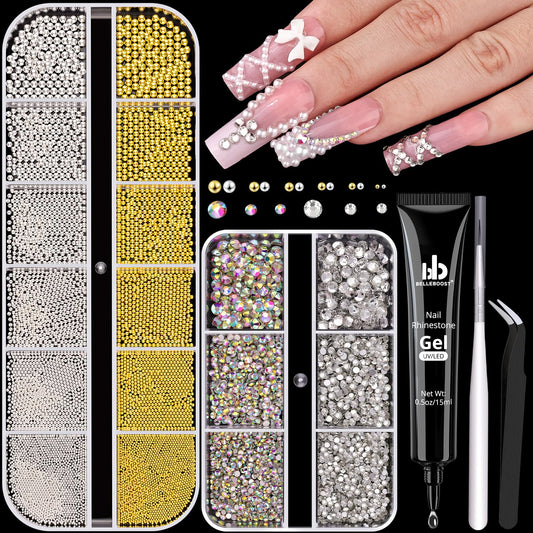 Flatback Rhinestones (Clear+AB) and Metal Steel Round Caviar Beads (Silver+Gold) with Rhinestones Glue Gel for Nail Art, Crystals Nail Charms Beauty and Personal Care BELLEBOOST Default Title