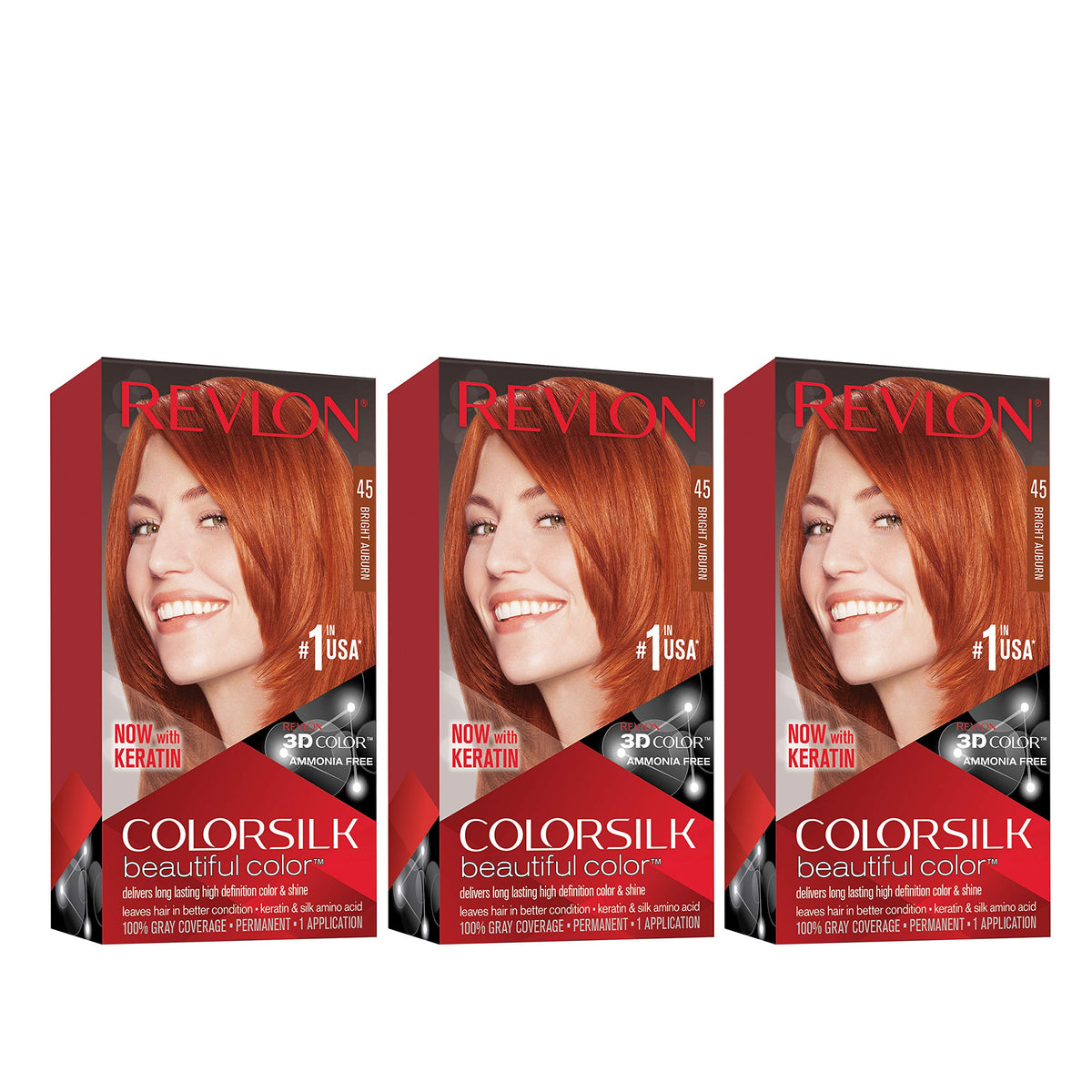 Revlon Permanent Hair Color, Permanent Hair Dye, Colorsilk with 100% Gray Coverage, Ammonia-Free, Keratin and Amino Acids, 45 Bright Auburn, 4.4 Oz Beauty & Personal Care REVLON