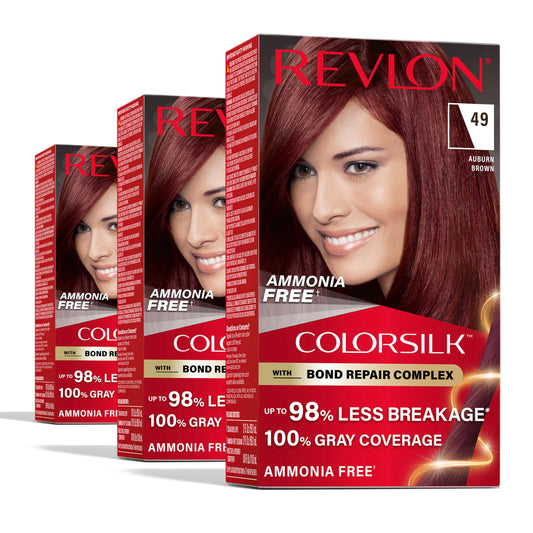 Revlon ColorSilk with Bond Repair Complex, Auburn Permanent Hair Color, 100% Gray Coverage, Ammonia Free Hair Dye, Vegan Keratin, 49 Auburn Brown Beauty & Personal Care REVLON