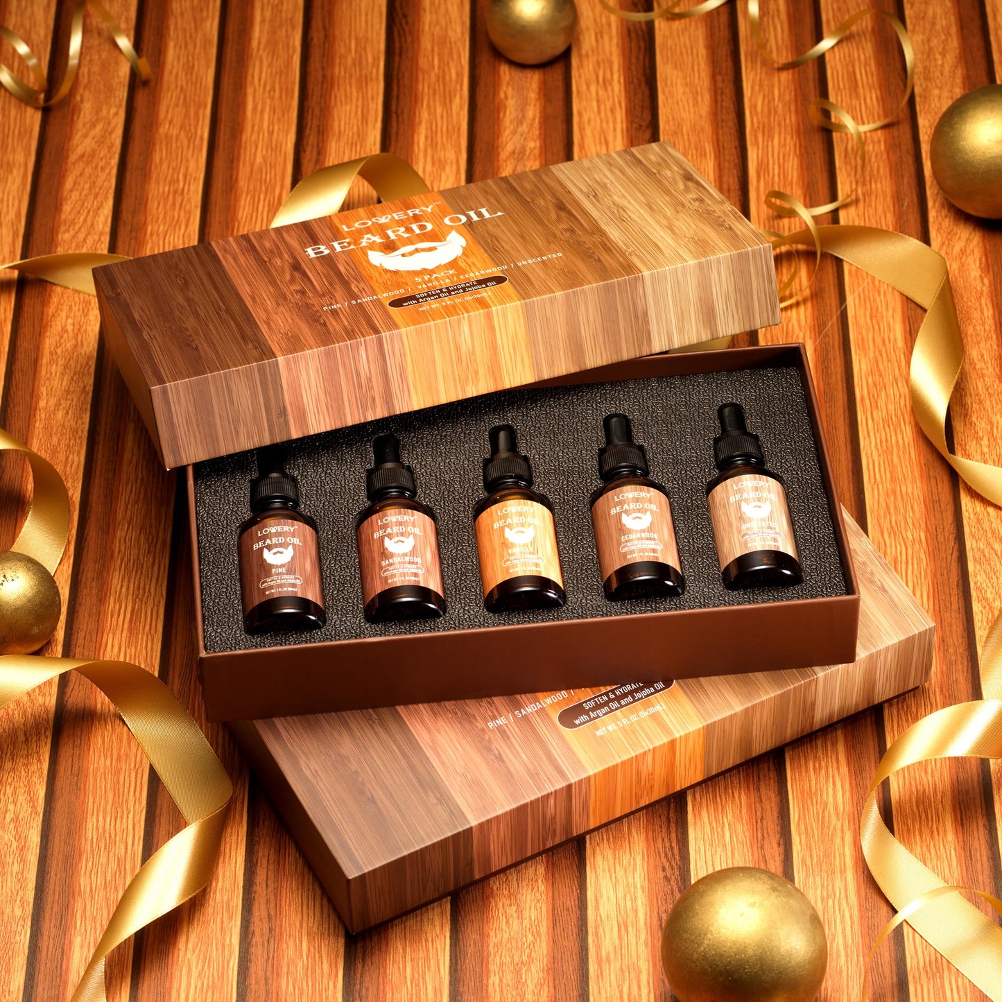 LOVERY (5 Pack Beard Oil for Men, Natural Mens Beard Oil Kit Variety Set - Sandalwood, Vanilla, Cedarwood, Pine, Unscented, W Argan & Jojoba Oil, Mens Beauty and Personal Care LOVERY