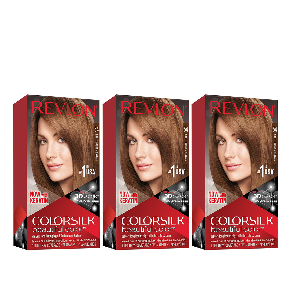 Revlon Colorsilk Beautiful Color, Permanent Hair Dye with Keratin, 100% Gray Coverage, Ammonia Free, 53 Light Golden Brown (Pack of 3) Beauty & Personal Care REVLON