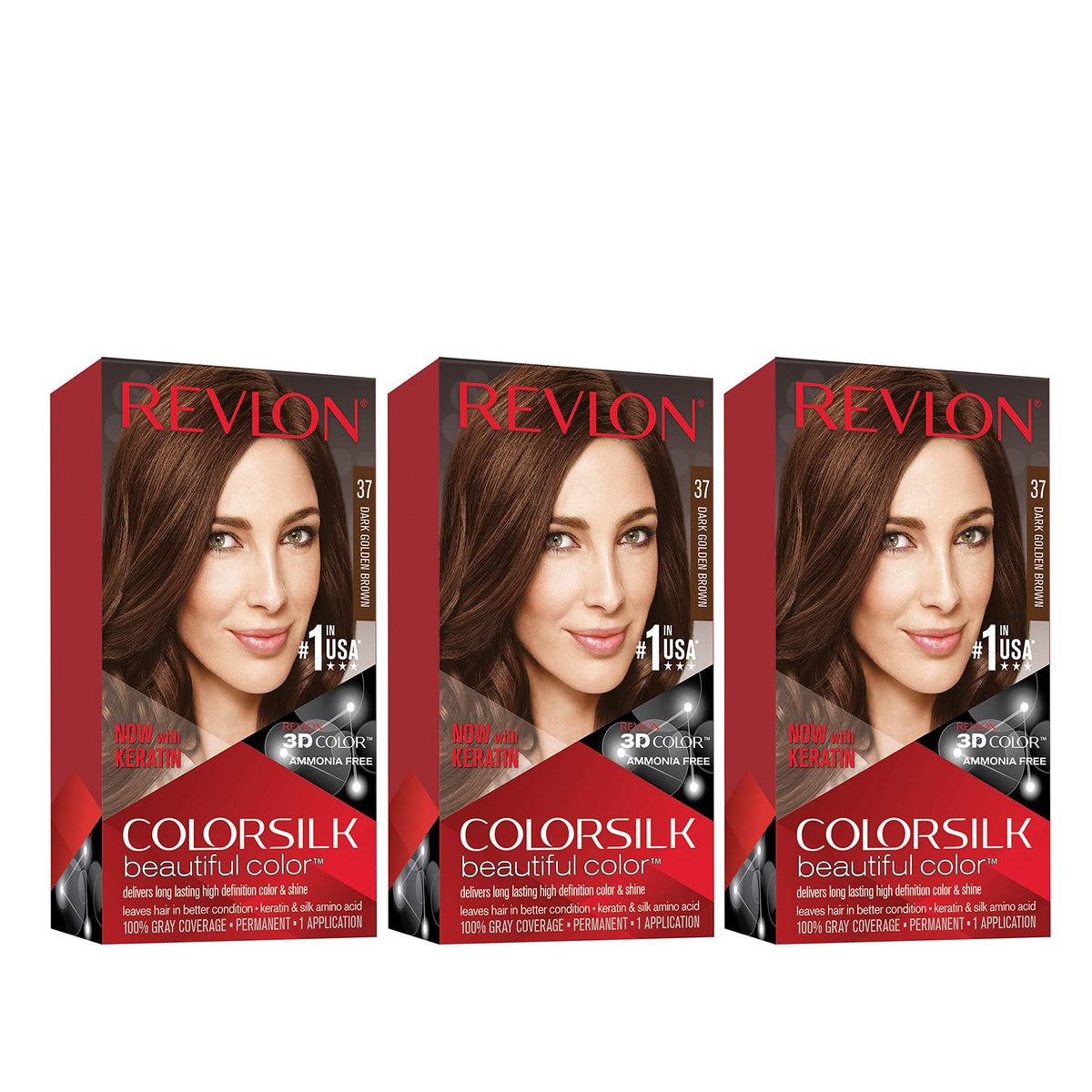 Revlon Permanent Hair Color, Permanent Hair Dye, Colorsilk with 100% Gray Coverage, Ammonia-Free, Keratin and Amino Acids, 37 Dark Golden Brown, 4.4 Beauty & Personal Care REVLON