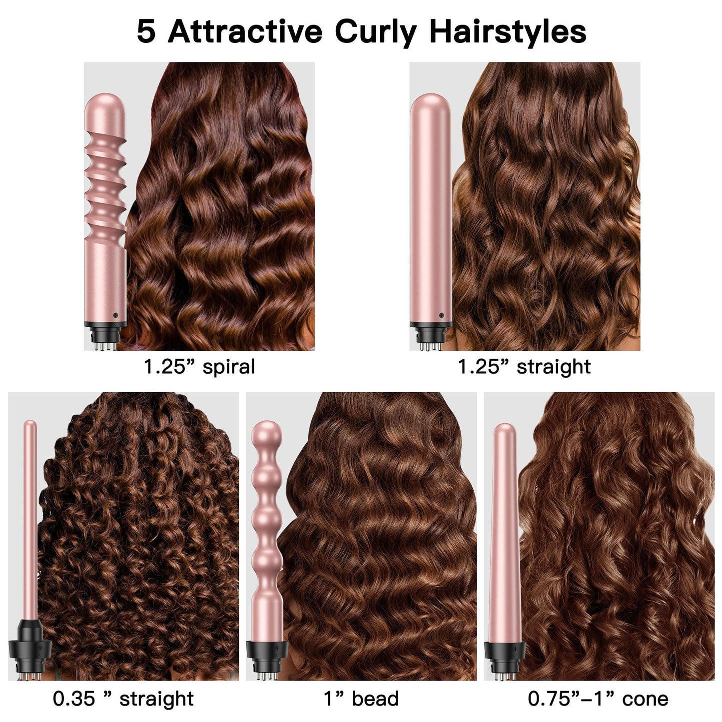 USHOW Curling Iron, Curling Wand Set, Instant Heat Up Hair Curler with Interchangeable Tourmaline Ceramic Barrels (0.5" to 1.25"), Adjustable Beauty & Personal Care USHOW