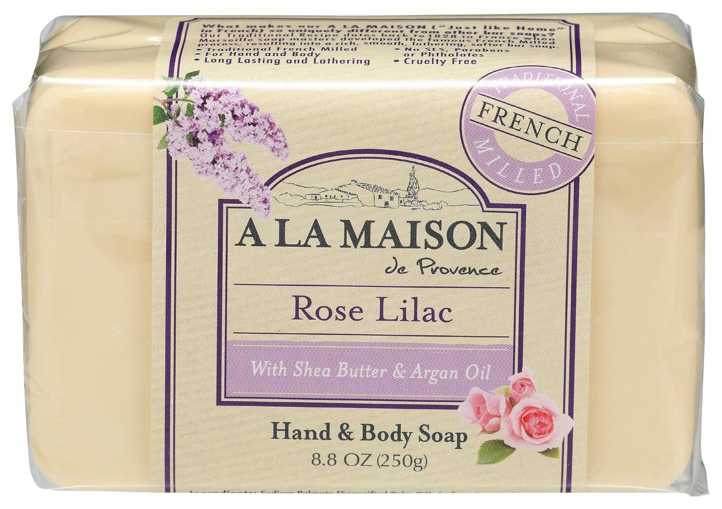 A LA MAISON Rose Lilac Bar Soap - Triple French Milled Natural Moisturizing Hand Soap Bar (1 Bar of Soap, 8.8 oz) Beauty & Personal Care A LA MAISON