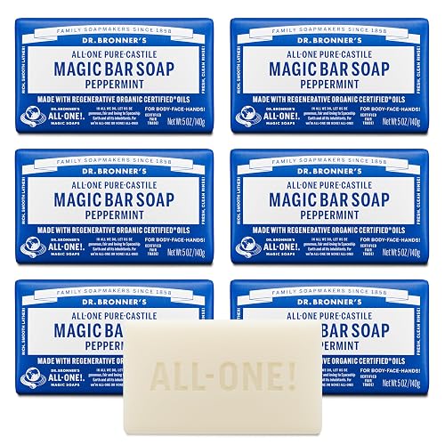 Dr. Bronner's Pure-Castile Magic Soap Bars (Peppermint, 5 oz, 6-Pack) - Made with Regenerative Organic Certified Oils - For Face, Body & Hair Beauty & Personal Care Dr. Bronner's