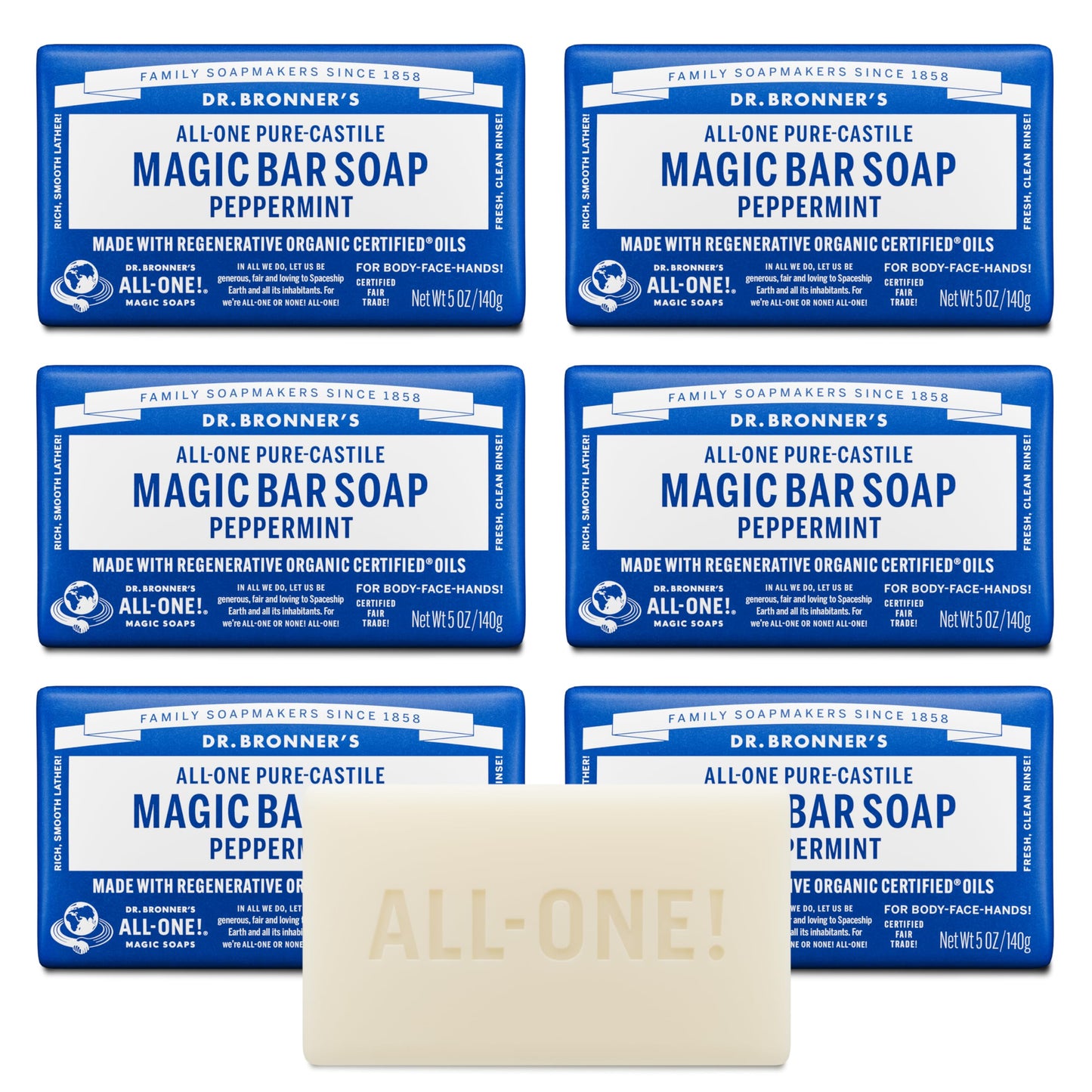 Dr. Bronner's Pure-Castile Magic Soap Bars (Peppermint, 5 oz, 6-Pack) - Made with Regenerative Organic Certified Oils - For Face, Body & Hair Beauty & Personal Care Dr. Bronner's