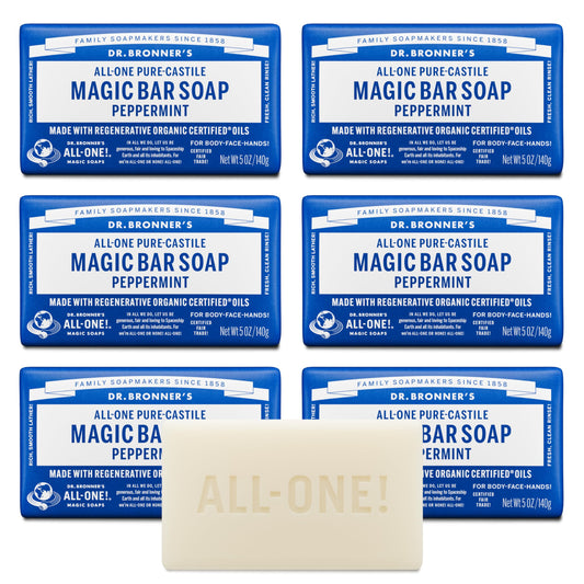 Dr. Bronner's Pure-Castile Magic Soap Bars (Peppermint, 5 oz, 6-Pack) - Made with Regenerative Organic Certified Oils - For Face, Body & Hair Beauty & Personal Care Dr. Bronner's