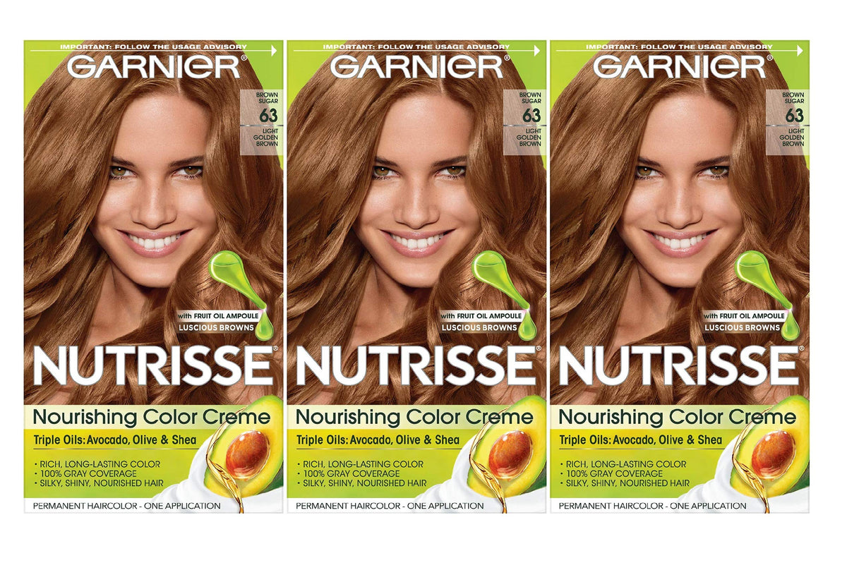 Garnier, Nutrisse Nourishing Hair Color Creme Packaging May Vary, 63 Light Golden Brown (Brown Sugar), 3 Count