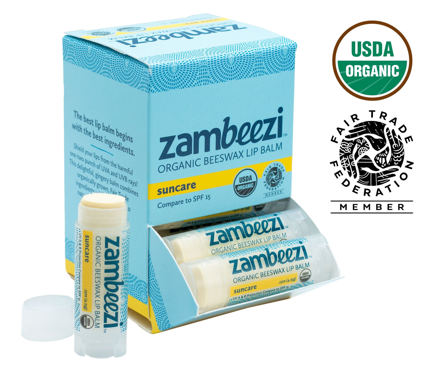 Case of Beeswax Lip Balm by ZAMBEEZI - Suncare 24-Tube Carton - Crafted with USDA Organic, Fair Trade, Lip Refreshing Ingredients from Zambia, Africa Beauty and Personal Care Zambeezi
