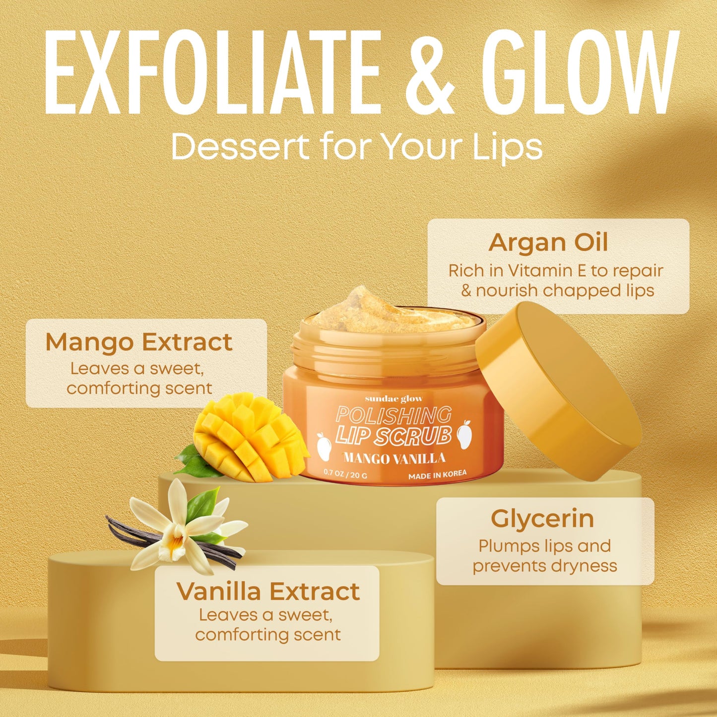 Sundae Glow Lip Scrub with Mango Vanilla - Exfoliates, Hydrates & Repairs - Smooths, Softens & Revitalizes Dry Lips - Dermatologist Tested, Korean Beauty & Personal Care Sundae Glow