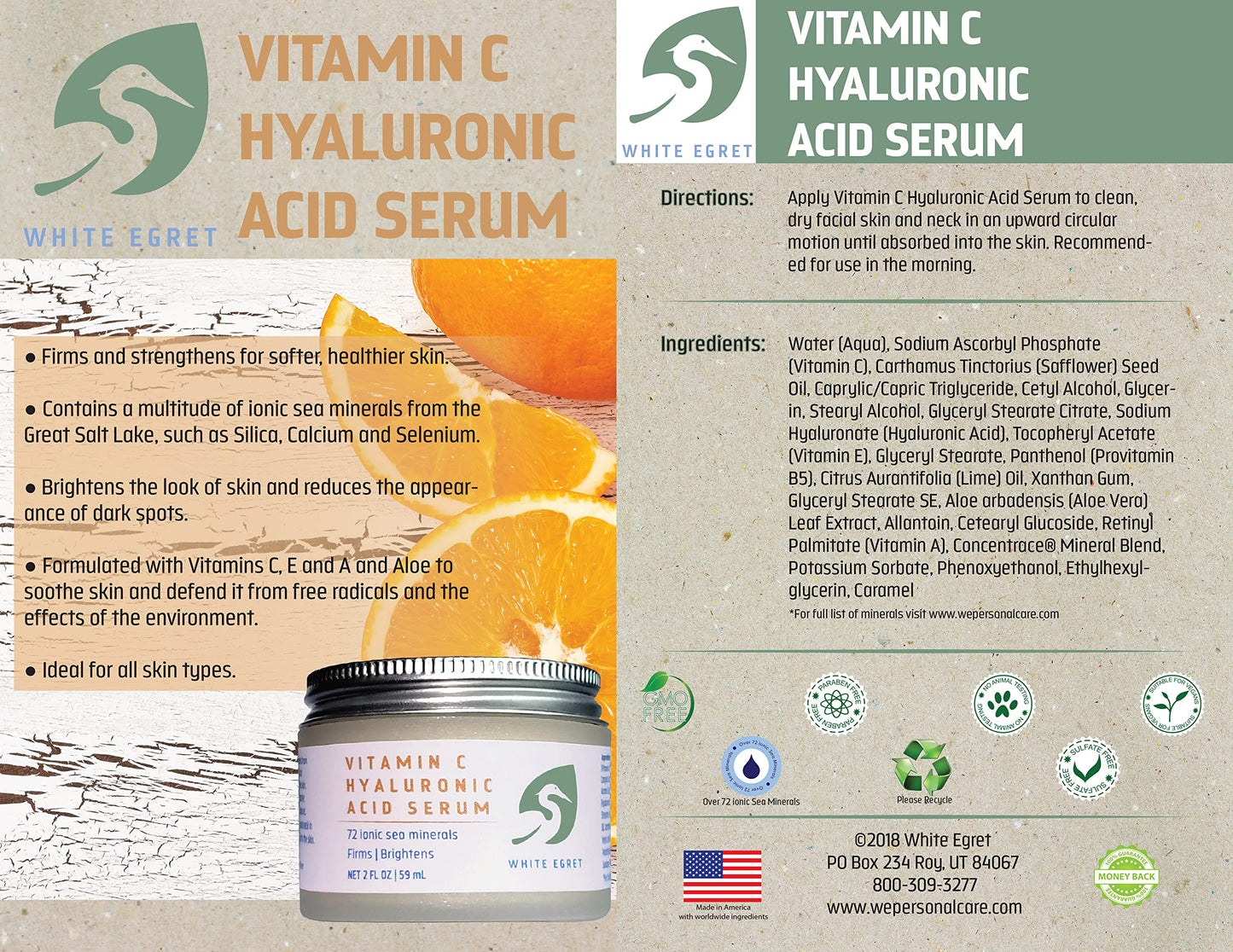 White Egret Hyaluronic Acid with Vitamin C, 72 Ionic Minerals from The Great Salt Lake for Firming, and brightening Skin, 8 fl. Oz Beauty & Personal Care White Egret