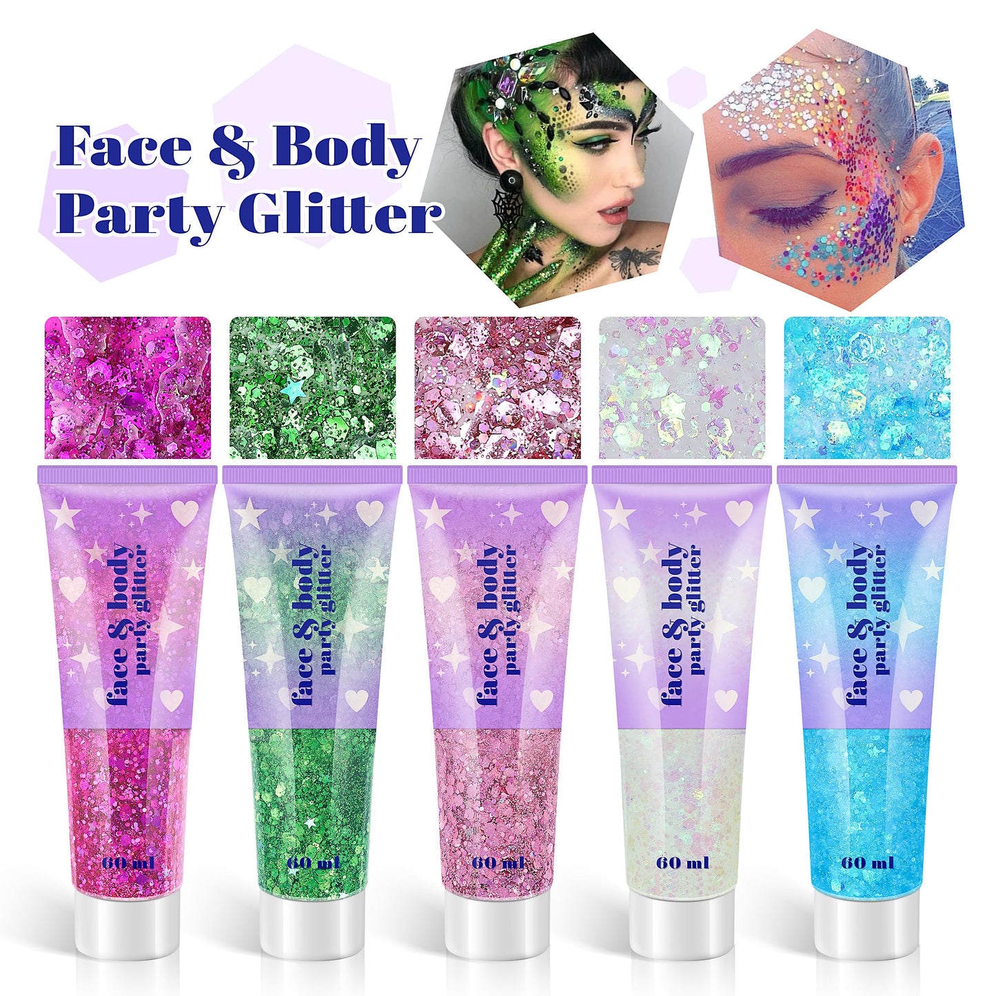Body Glitter Gel, 2 Jars Face Glitter Gel Sequins Shimmer for Hair, Lip, Eyeshadow, Nails, Chunky and Powder Mixed Glitter Gel, Holographic Cosmetic Beauty & Personal Care Linwulte