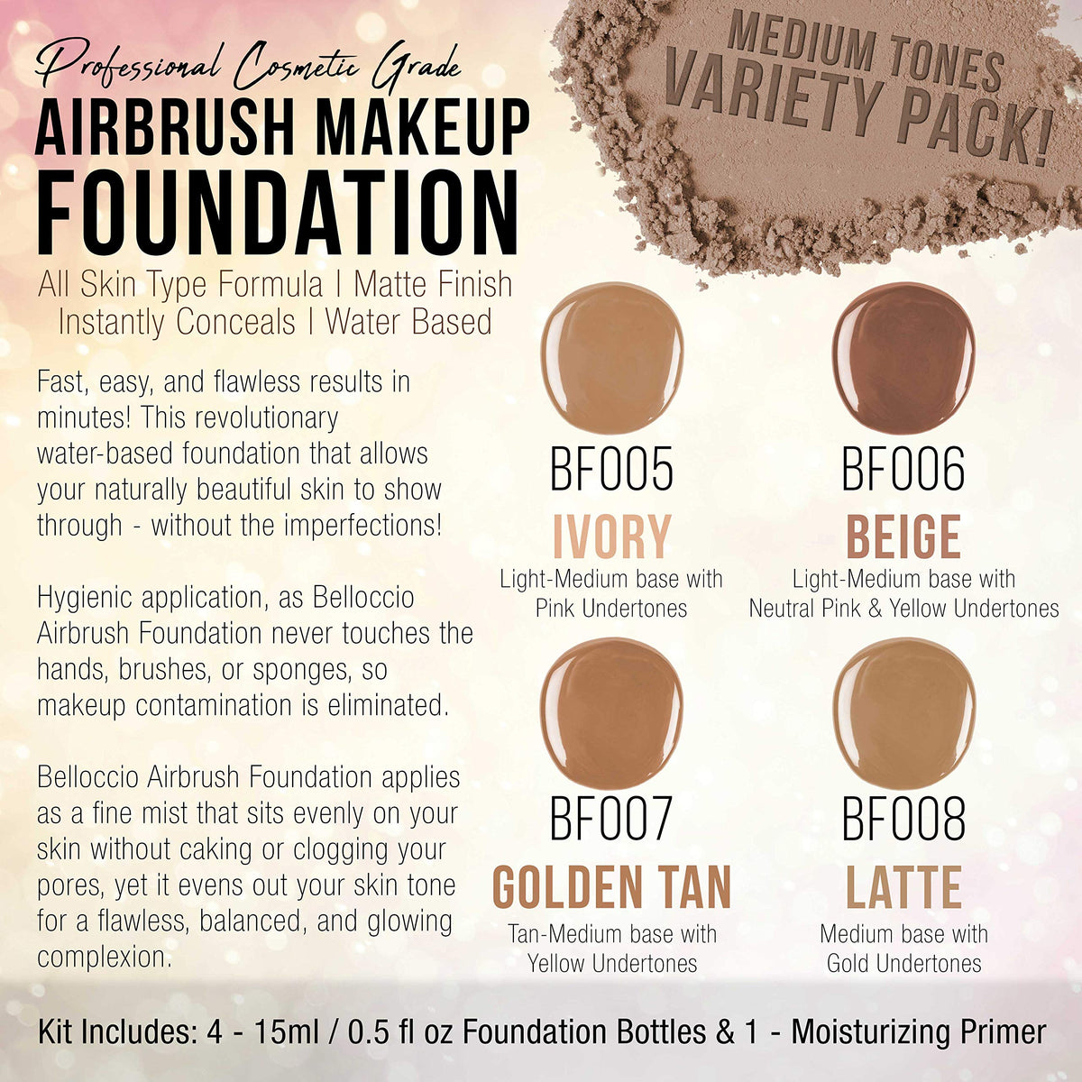 Belloccio Medium Color Shade Foundation Set - Professional Cosmetic Airbrush Makeup in 1/2 oz Bottles Beauty & Personal Care Belloccio