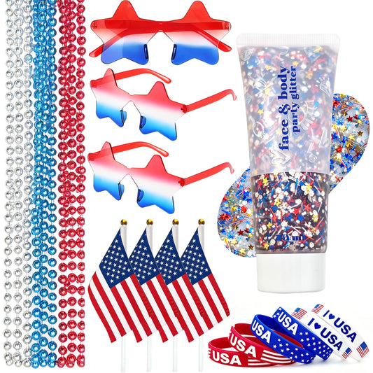 4th of July Outfits for Women, Red White and Blue Face Body Glitter Gel, 9Pcs Necklaces, 6Pcs Silicone Bracelets, 4 Mini USA Flags, 3 Pairs Star Beauty & Personal Care Qaeshi