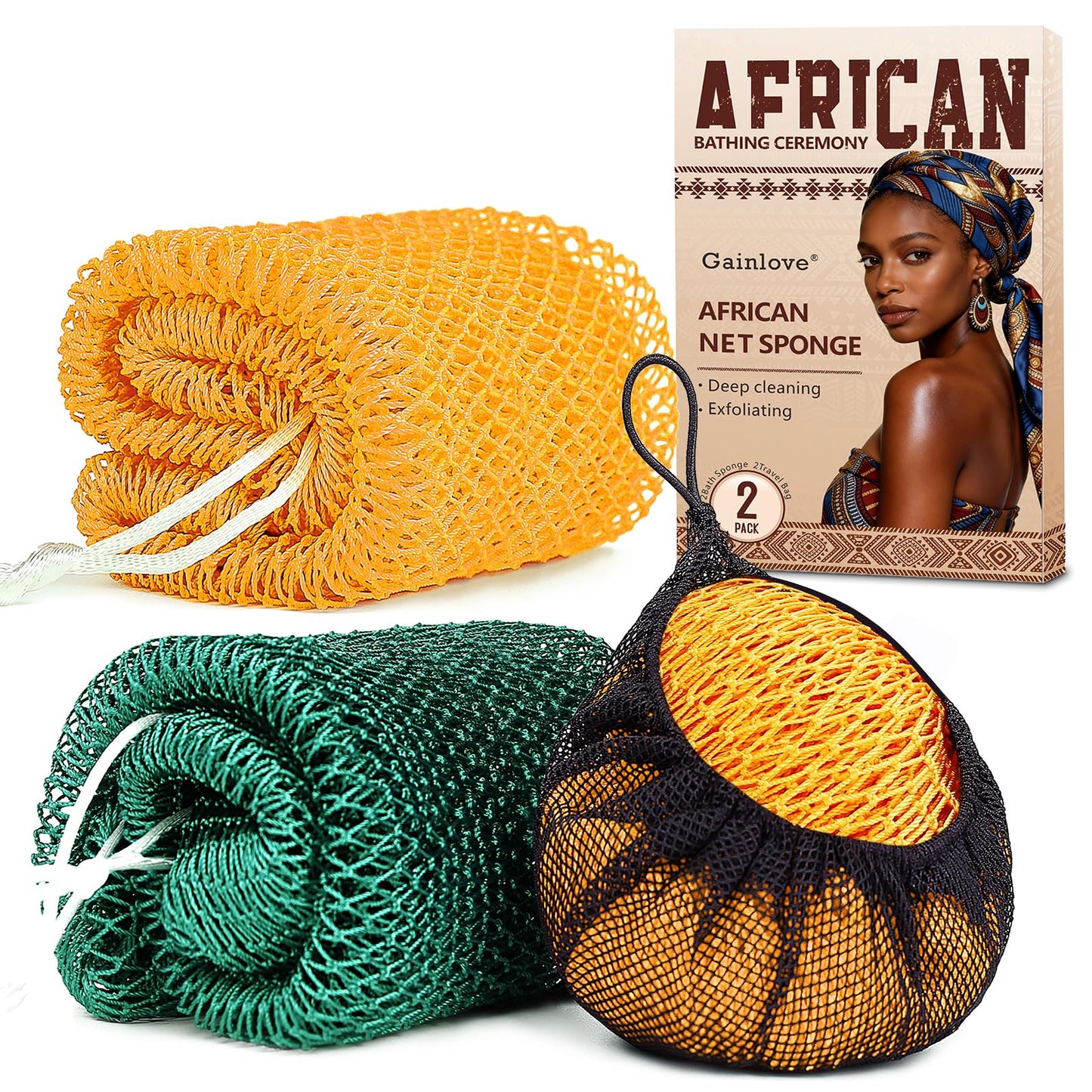 2 Pack African Net Sponge Exfoliating Body Scrubber Bath Sponge for Daily Use (Yellow + Dark Green) Beauty and Personal Care Gainlove