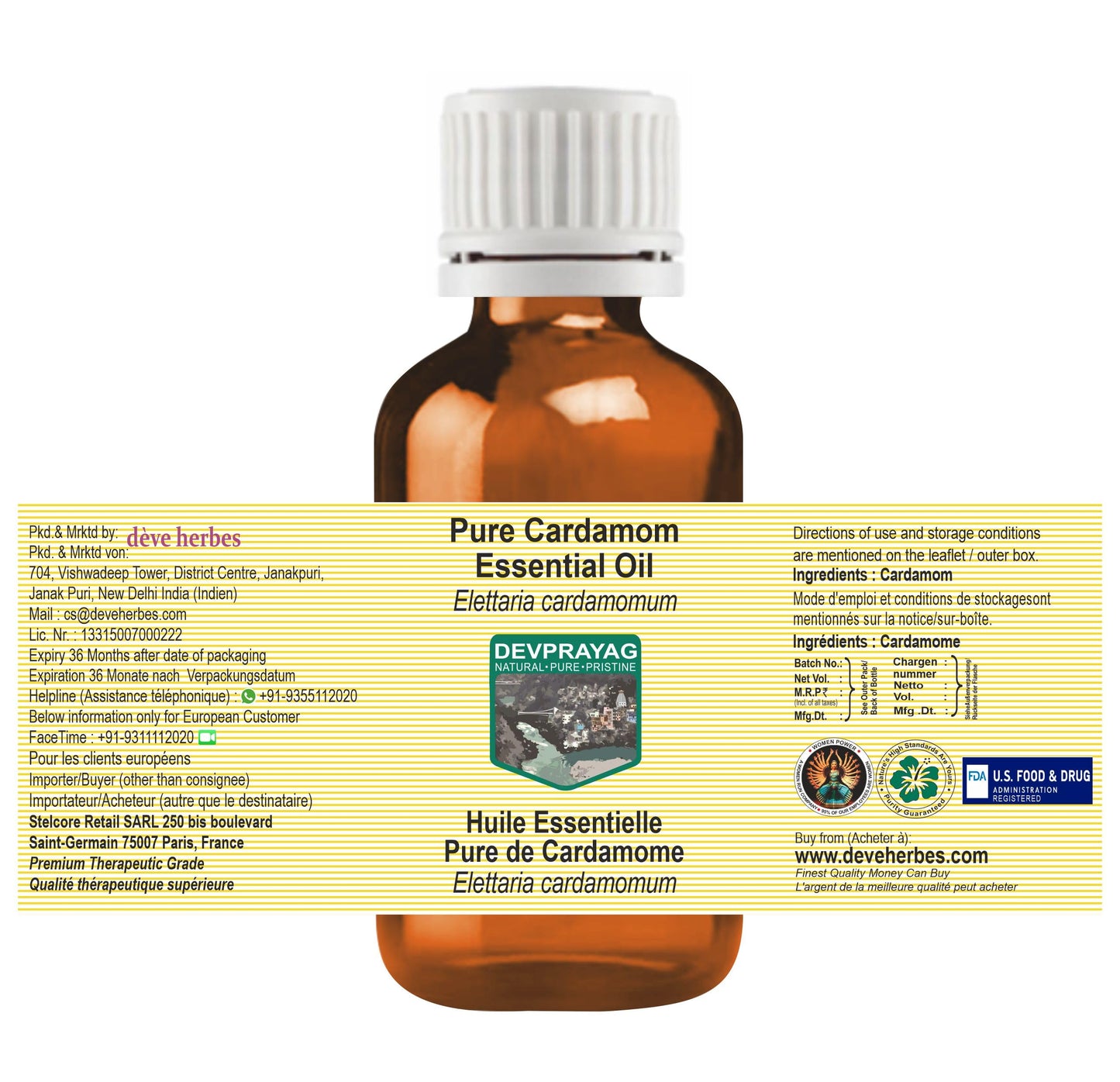 Devprayag Cardamom Essential Oil (Elettaria cardamomum) Pure - Non-Sticky - Non-Greasy - Lightweight - Men & Women - All Skin Types - Steam Distilled Beauty and Personal Care DEVPRAYAG