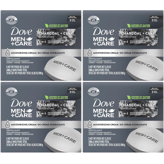 Dove Men + Care Bar Soap Charcoal Clay, 12 Count, 3 in 1 Body Face and Hand Exfoliating, Purifying Bar Soaps for Men, Plant Based with Essential Oils Beauty & Personal Care Dove