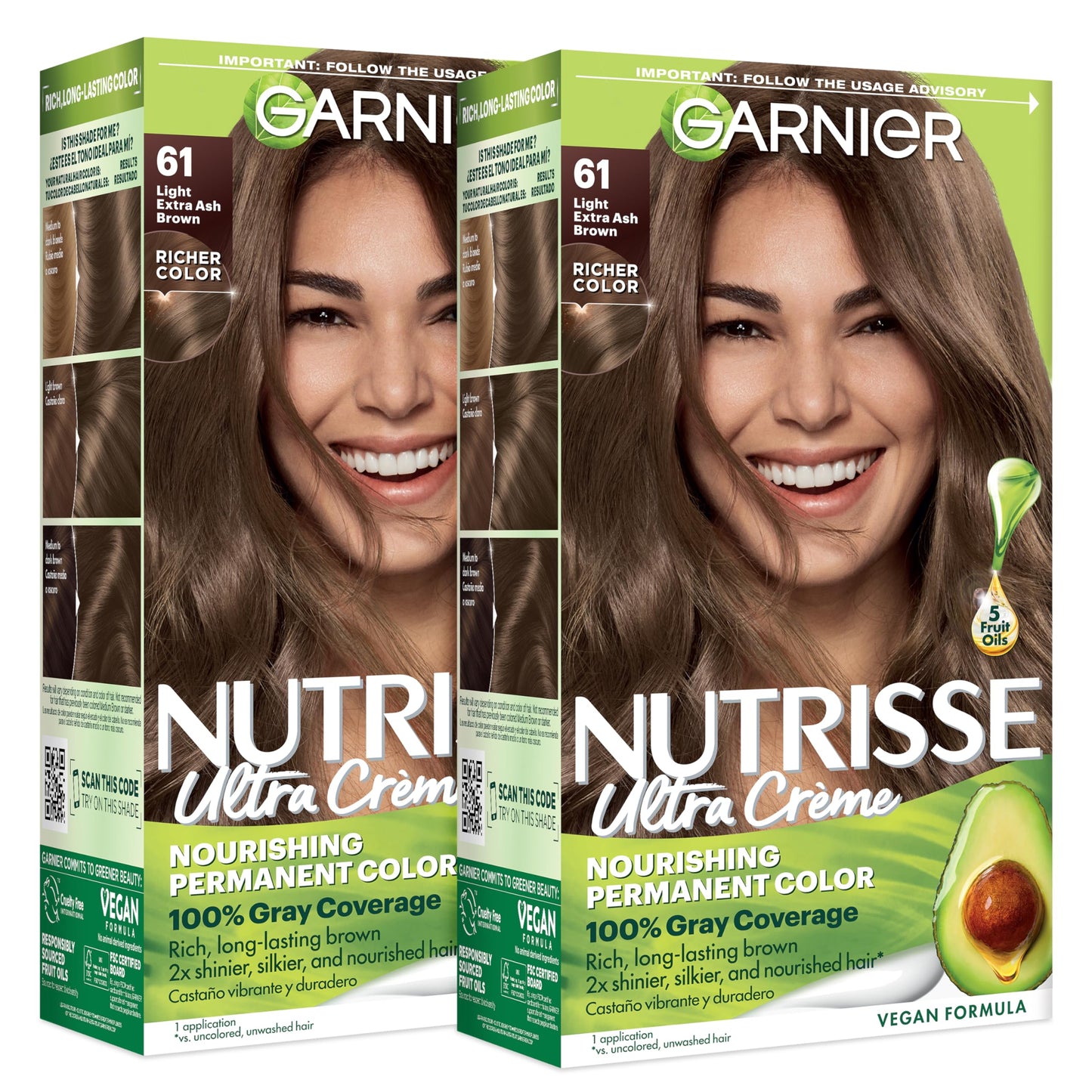 Garnier Nutrisse Ultra Crème Hair Color, Permanent Hair Dye with 100% Gray Coverage, Vegan & Cruelty-Free, 61 Light Extra Ash Brown (Mochaccino), 2 Beauty & Personal Care Garnier