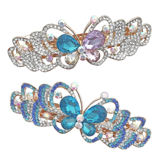 Rhinestone Crystal Barrettes - Set of 2 - Jeweled Butterfly Hair Clips - 1 with Blue Crystals and 1 with Mulit-Colored Crystals - Rose Gold Tone Metal Beauty & Personal Care BANBERRY DESIGNS
