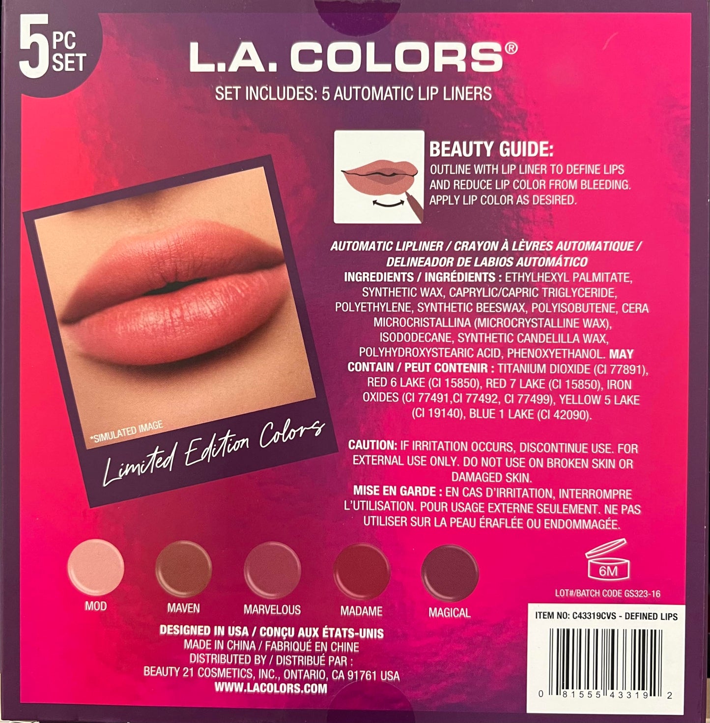 L.A. COLORS All Is Bright 5pc Automatic Lip Liner, Defined Lips, 1 Count (Pack of 1) Beauty & Personal Care L.A. COLORS