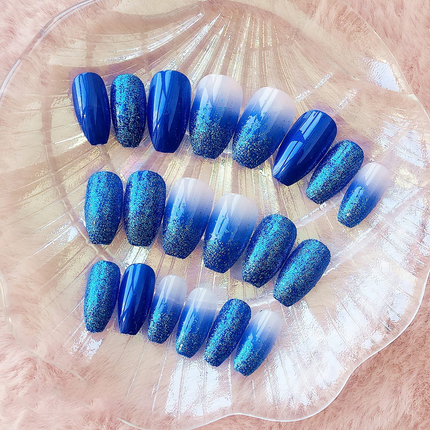MISUD Press on Nails - Medium Coffin Glue on Nails with Blue Ombre, Acrylic Bling Glitter Design 24 pcs Beauty & Personal Care MISUD