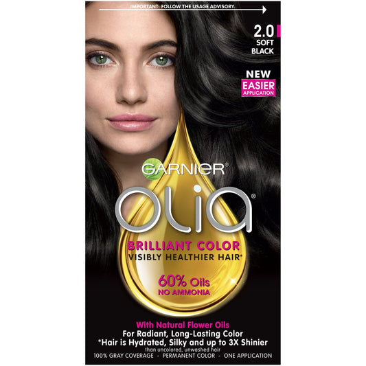Garnier Olia Ammonia Free Permanent Hair Color, 100% Gray Coverage (Packaging May Vary), 2.0 Soft Black Hair Dye, Pack of 1 Beauty & Personal Care Garnier