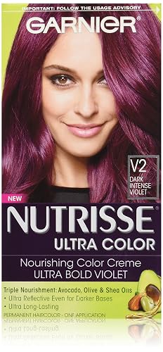 Garnier Nutrisse Ultra Color Nourishing Permanent Hair Color Cream, V2 Dark Intense Violet (1 Kit) Purple Hair Dye Beauty & Personal Care Garnier