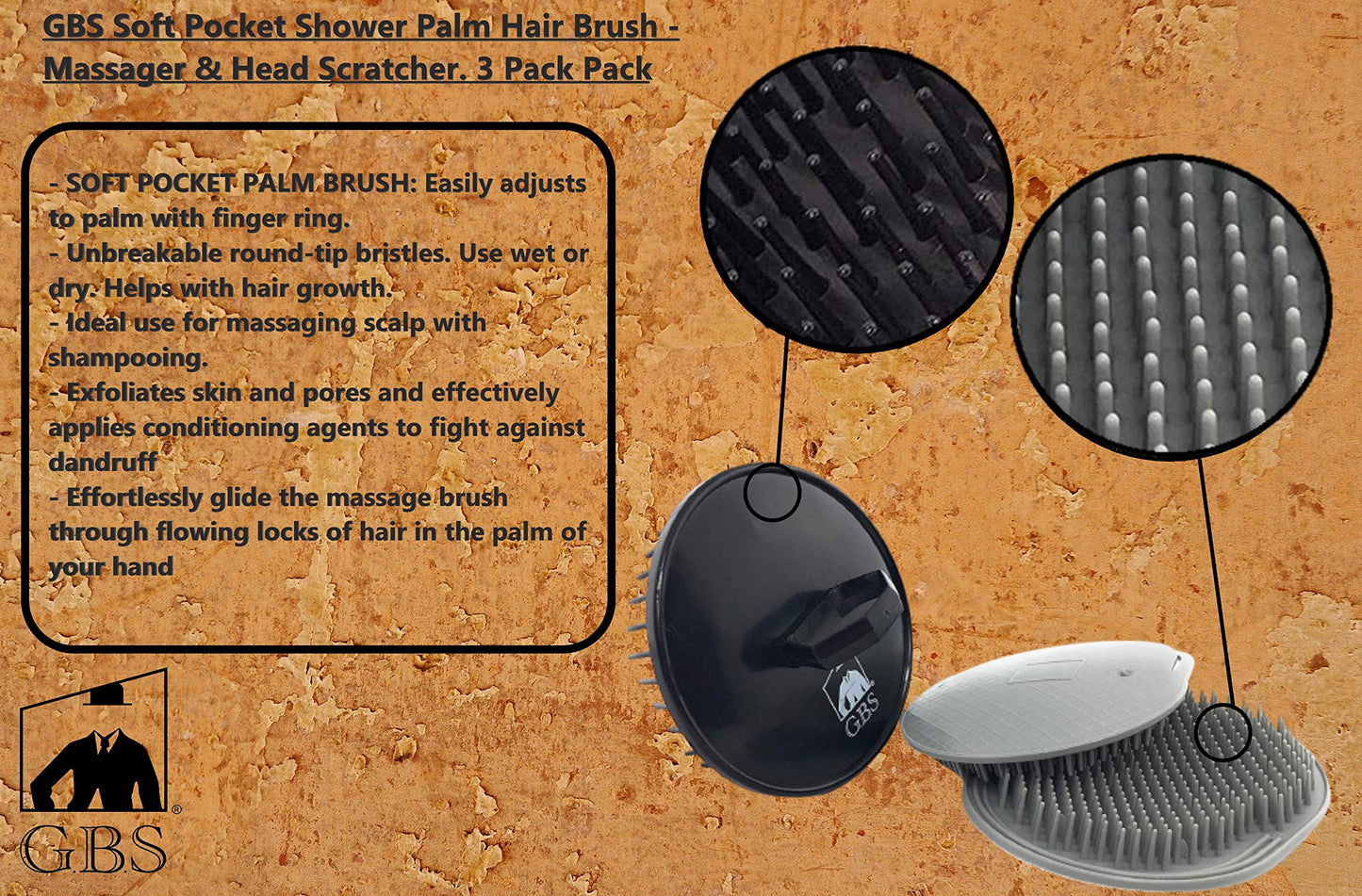 G.B.S Head Shampoo Scalp Massager Brush and Soft Palm Pocket Comb for All Hair Types, Pack of 3 (1 Black and 2 Gray) Made in U.S.A Beauty & Personal Care G.B.S