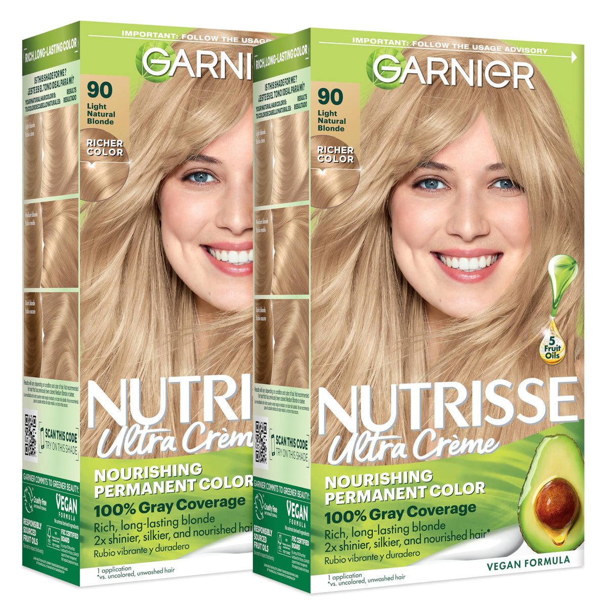 Garnier Nutrisse Ultra Crème Hair Color, Permanent Hair Dye with 100% Gray Coverage, Vegan & Cruelty-Free, 90 Light Natural Blonde (Macadamia), 2