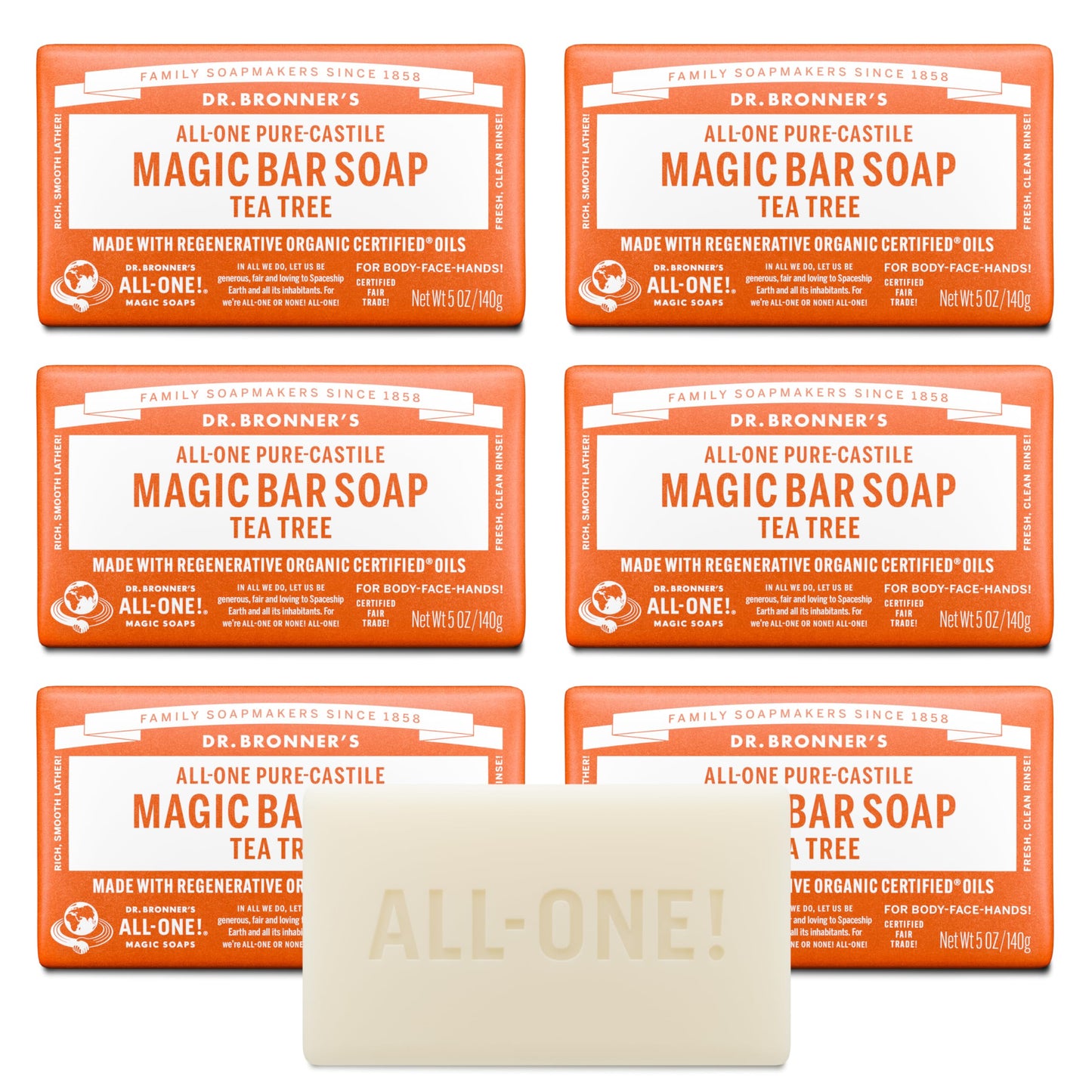 Dr. Bronner's Pure-Castile Magic Bar Soap (Tea Tree, 5 ounce, 6-Pack) - Made with Regenerative Organic Certified Oils, For Face, Body & Hair, Gentle Beauty & Personal Care Dr. Bronner's