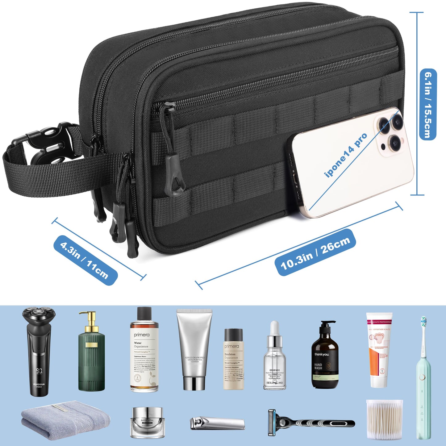 HILOMON Men's Toiletry Bag, Tactical Inspired Hygiene Shaving Bath Shower Grooming Toiletries Bag for Men Water-resistant Dop Kits for Travel Beauty and Personal Care HILOMON